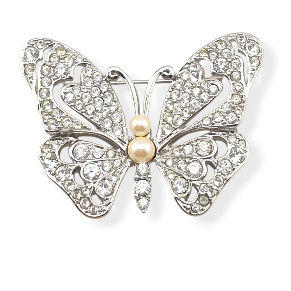 Vintage Monet Rhinestone Faux Pearl Butterfly Brooch Pin Silver Tone Signed 1.8"